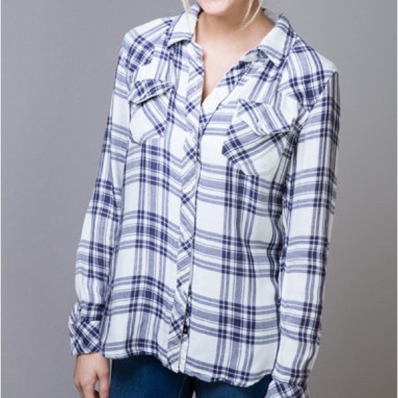 Derek Heart Blue Plaid Button Down Rolled Tab Sleeve Retro Chic Streetwear - Picture 9 of 12